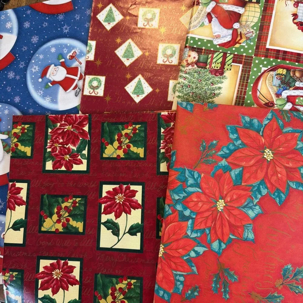 Lot of Flat Christmas Wrapping Paper Poinsettia Santa Wreath Holiday Gift Wrap